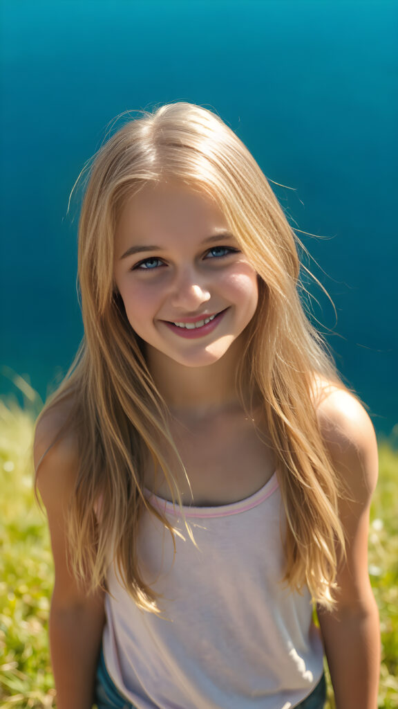 portrait, upper body, warm tones, a fantastic young girl, she is my daughter, 15 years old with long summer blond hair is standing in a sunny meadow. In the background is a deep blue lake, she is smiling, ((detailed and super realistic)), she wears a short plain tank top