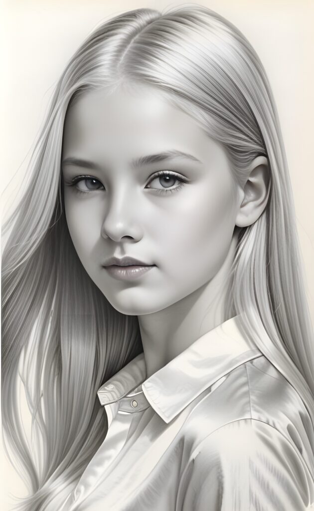 ((portrait)), detailed pencil drawing, silvery-skinned (((young girl))), long straight platinum hair, white shirt