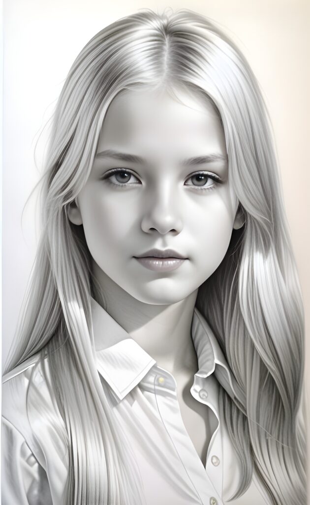 ((portrait)), detailed pencil drawing, silvery-skinned (((young girl))), long straight platinum hair, white shirt