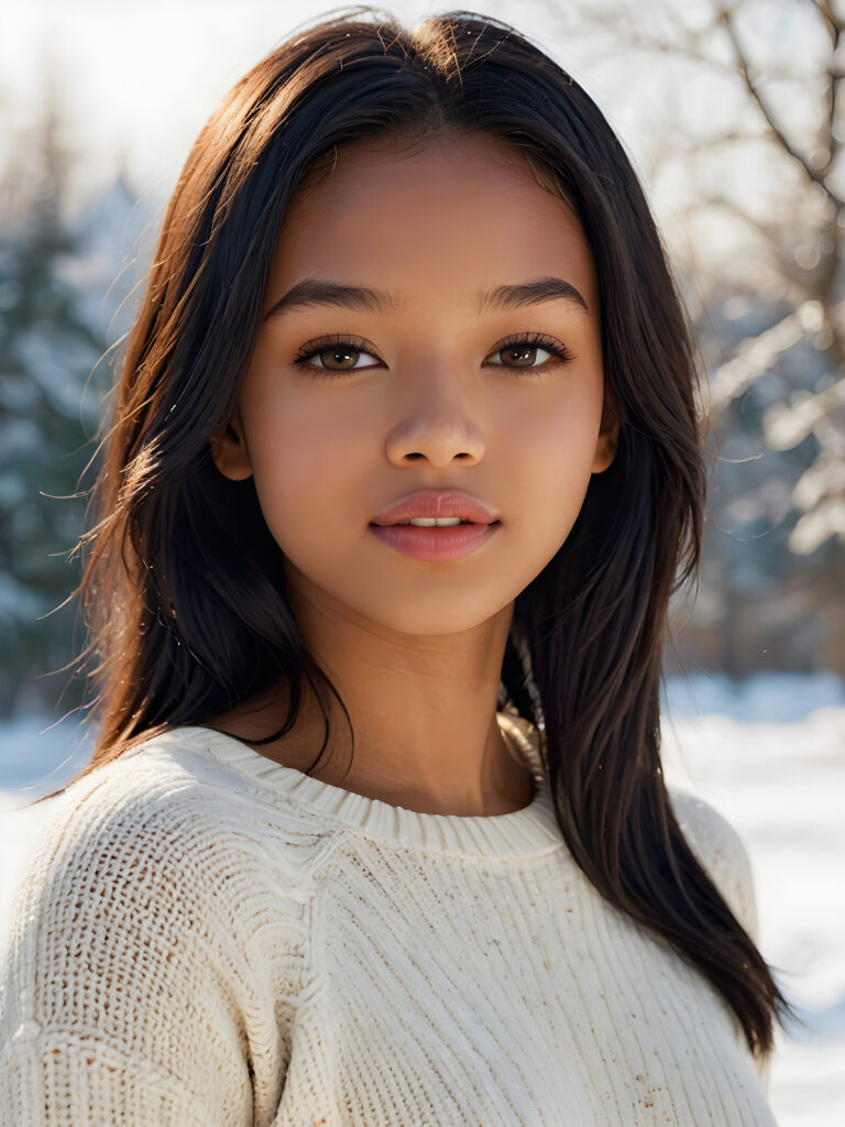 visualize a detailed and realistic photo: a (((stunning young light brown-skinned Exotic teen girl with flawless, soft skin))) (glossy hair with subtle layering, (((vivid obsidian black soft straight hair)))), whose frame a (seriously sensual face) with (dramatically contrasting, full, (((natural lips)))), round face and a warm smile, the mouth slightly open with white teeth, (light brown eyes), set against a (broodingly atmospheric snow backdrop) for an unforgettable (upper body shot). Her features are captured in (intense detail), accentuated by the (ombré shadow and highlights) that draw the eye, ((she wears a white , finely knitted wool sweater that emphasizes her perfectly shaped body)), ((gorgeous)) ((side view))