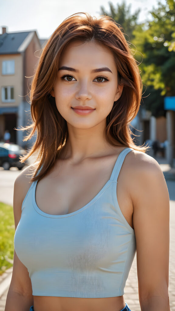 ((((realistic and detailed photo)))) ((((perfect anatomy)))), (((cute adult girl))) ((soft straight hair)) (((stunning beauty))) (((gorgeous face))) ((attractive eyes)) ((volumetric crosses)). (((super short, tight, plain cropped tank top))), (((long body))) ((curved back)), ((warm smile)) ((sunny backdrop)) (((photo realistic)))