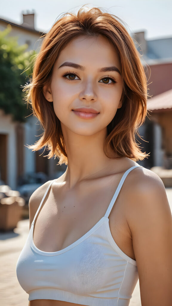 ((((realistic and detailed photo)))) ((((perfect anatomy)))), (((cute adult girl))) ((soft straight hair)) (((stunning beauty))) (((gorgeous face))) ((attractive eyes)) ((volumetric crosses)). (((super short, tight, plain cropped tank top))), (((long body))) ((curved back)), ((warm smile)) ((sunny backdrop)) (((photo realistic)))