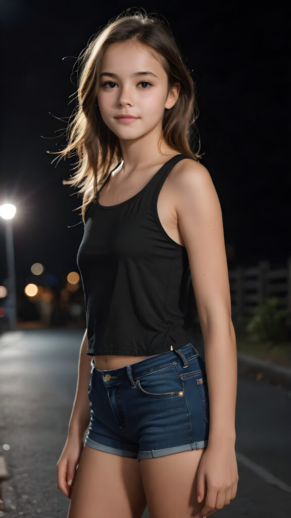 ((realistic and detailed portrait)) a thin dressed teen girl in hot pants, black background, faint moonlight illuminates the picture. There is a peaceful, pleasant atmosphere