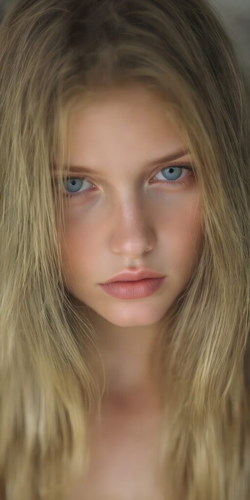 (realistic and detailed photo), (full body shot) a young, gentle adult busty teen girl with very long, soft straight brown hair, her full hair falls over the upper body and cover her body, round face. She has blue eyes and gentle features. Her young, perfect body radiates pure femininity and she looks seductively into the camera