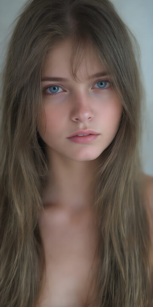 (realistic and detailed photo), (full body shot) a young, gentle adult busty teen girl with very long, soft straight brown hair, her full hair falls over the upper body and cover her body, round face. She has blue eyes and gentle features. Her young, perfect body radiates pure femininity and she looks seductively into the camera