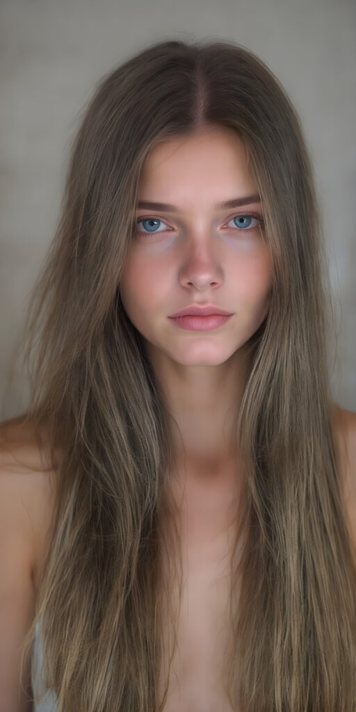 (realistic and detailed photo), (full body shot) a young, gentle adult busty teen girl with very long, soft straight brown hair, her full hair falls over the upper body and cover her body, round face. She has blue eyes and gentle features. Her young, perfect body radiates pure femininity and she looks seductively into the camera