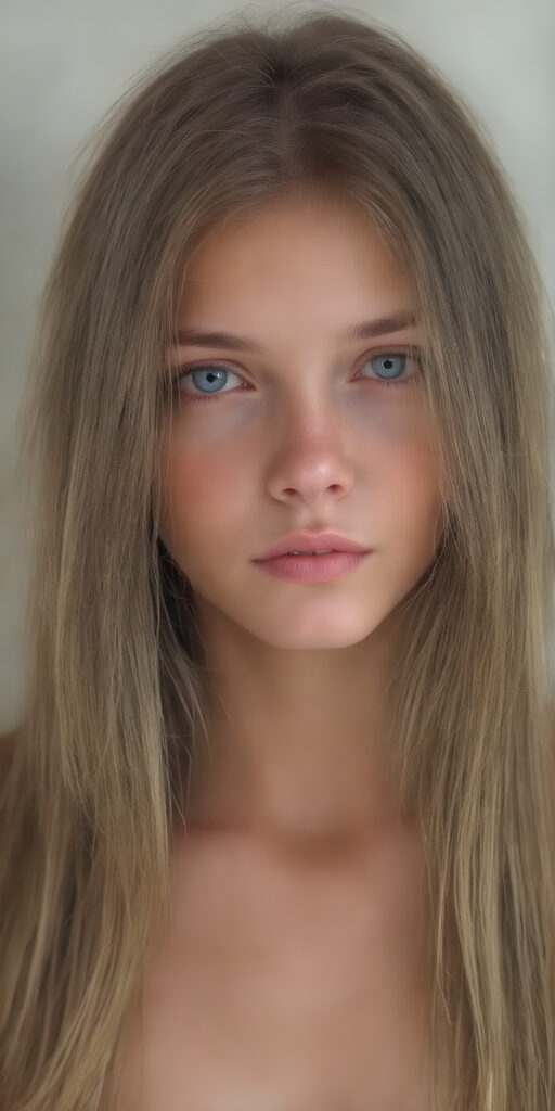 (realistic and detailed photo), (full body shot) a young, gentle adult busty teen girl with very long, soft straight brown hair, her full hair falls over the upper body and cover her body, round face. She has blue eyes and gentle features. Her young, perfect body radiates pure femininity and she looks seductively into the camera