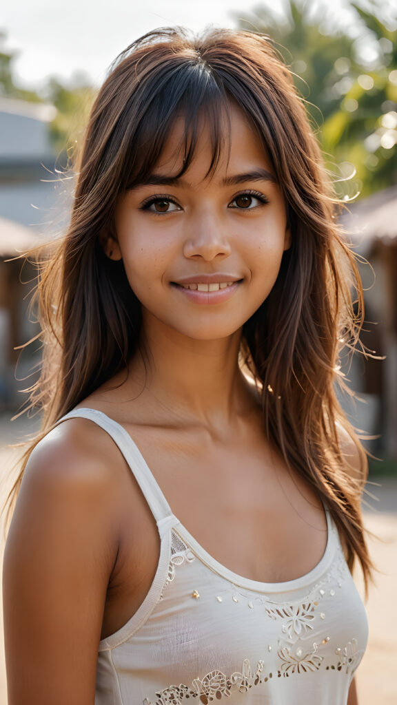 realistic and detailed photo from a pretty brown-skinned indigenous girl with soft straight very long hair, bangs cut, brown eyes, gentle smile, wearing a tank top