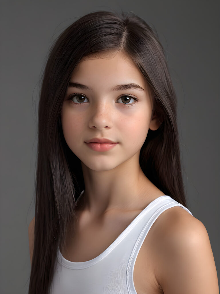 realistic and detailed portrait: a (((super cute teen girl, 13 years old, captured in upper body view))), ((flawless beautiful soft skin)), (((black soft sleek straight long hair))), angelic round face with full lips, emoting joy, framed in a side profile portrait shot against a (((grey backdrop))), with perfect anatomics and curved body, wears a (((super short thin white crop tank top))), ((side view))