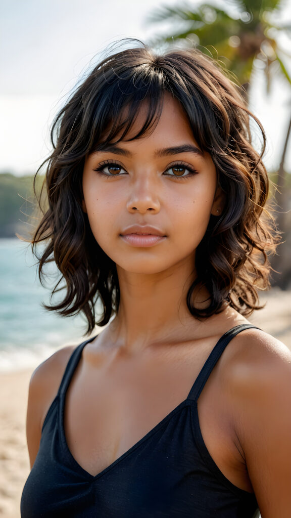 realistic and detailed photo from a pretty petite tanned well busty young indigenous girl, with ((soft smooth, shiny fine, curly obsidian black hair)), bangs cut, brown eyes, full kissable lips, wearing a tank top with a deep v-neck