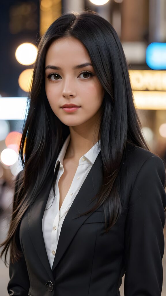 realistic and detailed photo: a (((girl with very long, sleek straight black hair))), dressed in black, thin suit