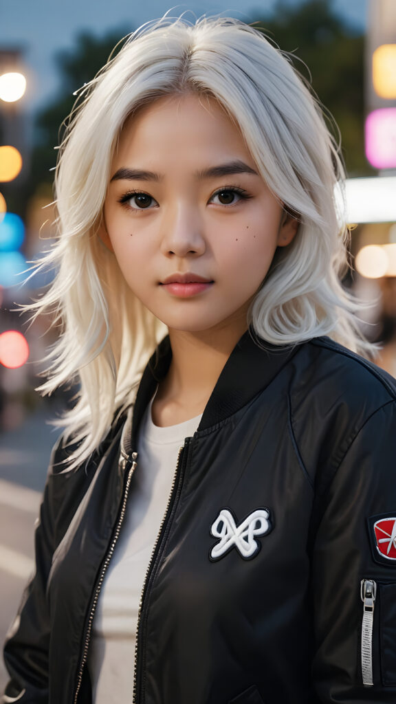 realistic and detailed portrait of a young, pretty Asian teen girl with white hair, she wears a black flight jacket