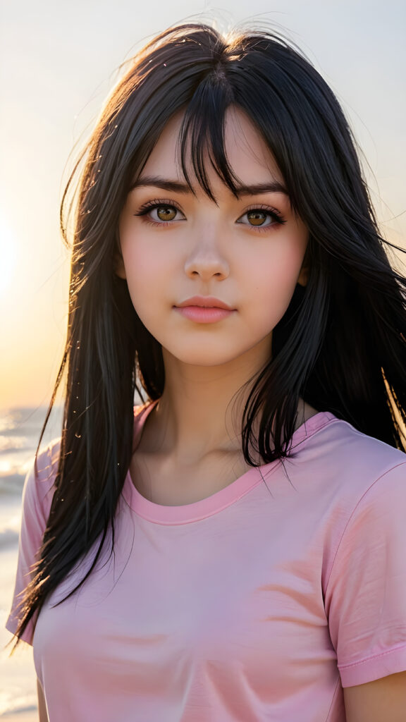 realistic and detailed portrait from a (((cute teen emo girl with long, soft black straight hair framing her face in gentle waves)) and amber eyes, full lips, ((wears a short form-fitting pink t-shirt)), against a (((sunny backdrop)))))