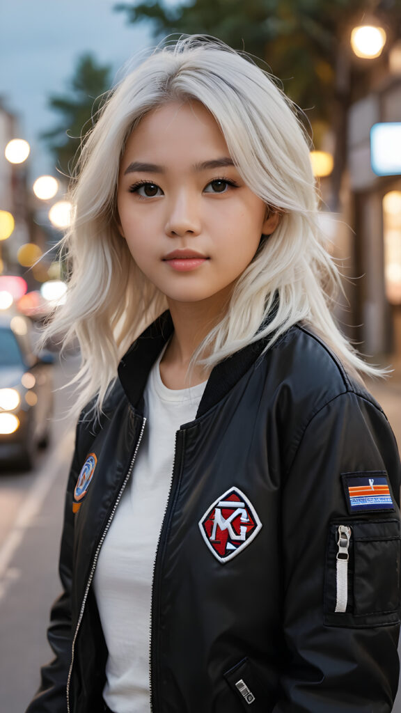 realistic and detailed portrait of a young, pretty Asian teen girl with white hair, she wears a black flight jacket