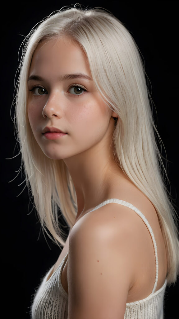 realistic and detailed portrait of a young, pretty 14 years old teen girl with long straight jet white hair, black background, weak light illuminates the girl a little, side view, wears a thin cropped white tank top made of wool, perfect body