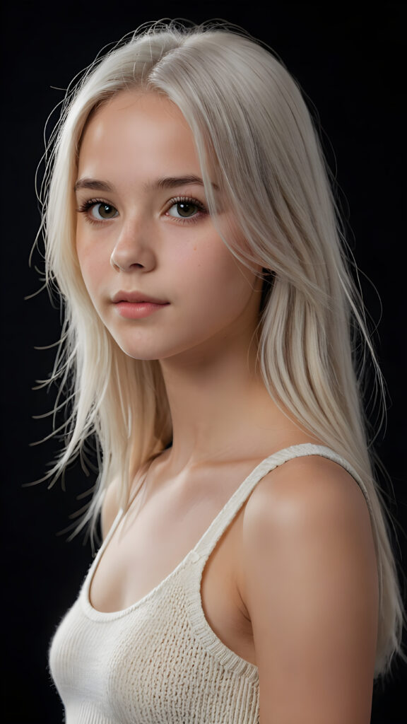 realistic and detailed portrait of a young, pretty 14 years old teen girl with long straight jet white hair, black background, weak light illuminates the girl a little, side view, wears a thin cropped white tank top made of wool, perfect body