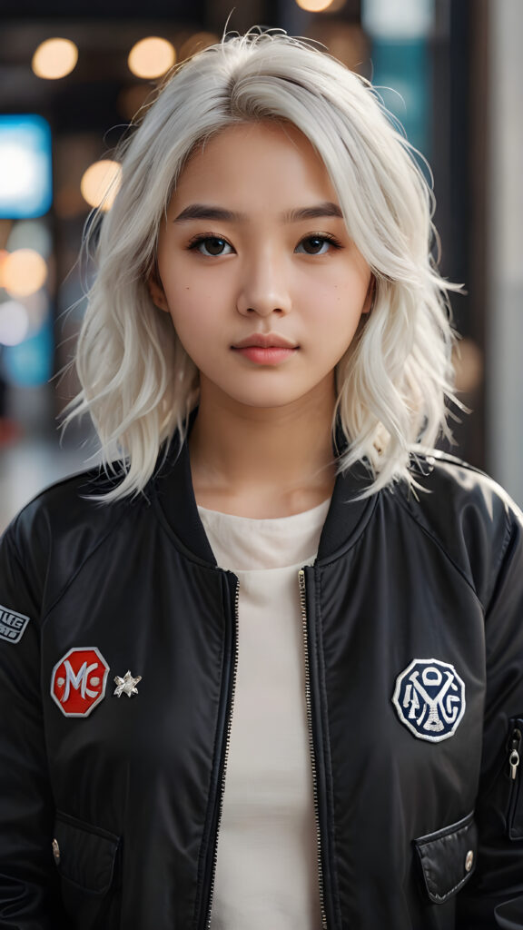 realistic and detailed portrait of a young, pretty Asian teen girl with white hair, she wears a black flight jacket