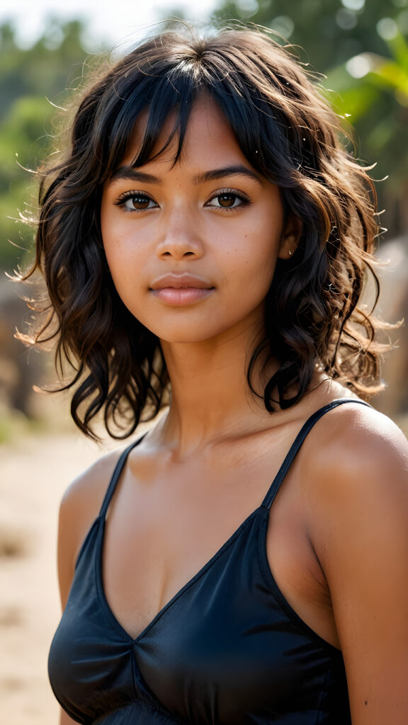 realistic and detailed photo from a pretty petite tanned well busty young indigenous girl, with ((soft smooth, shiny fine, curly obsidian black hair)), bangs cut, brown eyes, full kissable lips, wearing a tank top with a deep v-neck