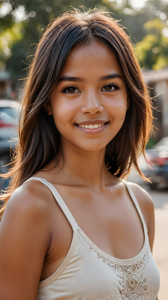 realistic and detailed photo from a pretty brown-skinned indigenous girl with soft straight very long hair, bangs cut, brown eyes, gentle smile, wearing a tank top