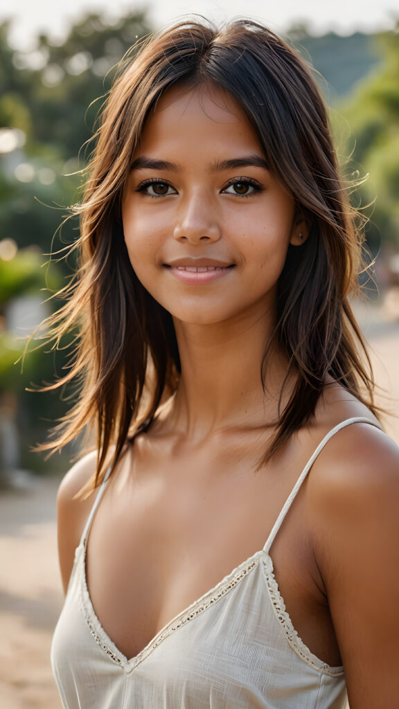 realistic and detailed photo from a pretty petite tanned indigenous girl, with soft straight very long hair, bangs cut, brown eyes, full kissable lips, wearing a tank top with a deep v-neck