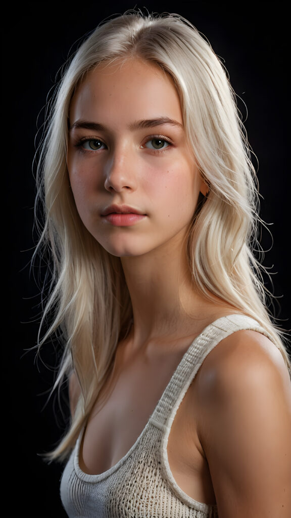 realistic and detailed portrait of a young, pretty 14 years old teen girl with long straight jet white soft hair, black background, weak light illuminates the girl a little, side view, wears a thin cropped white tank top made of wool, perfect body