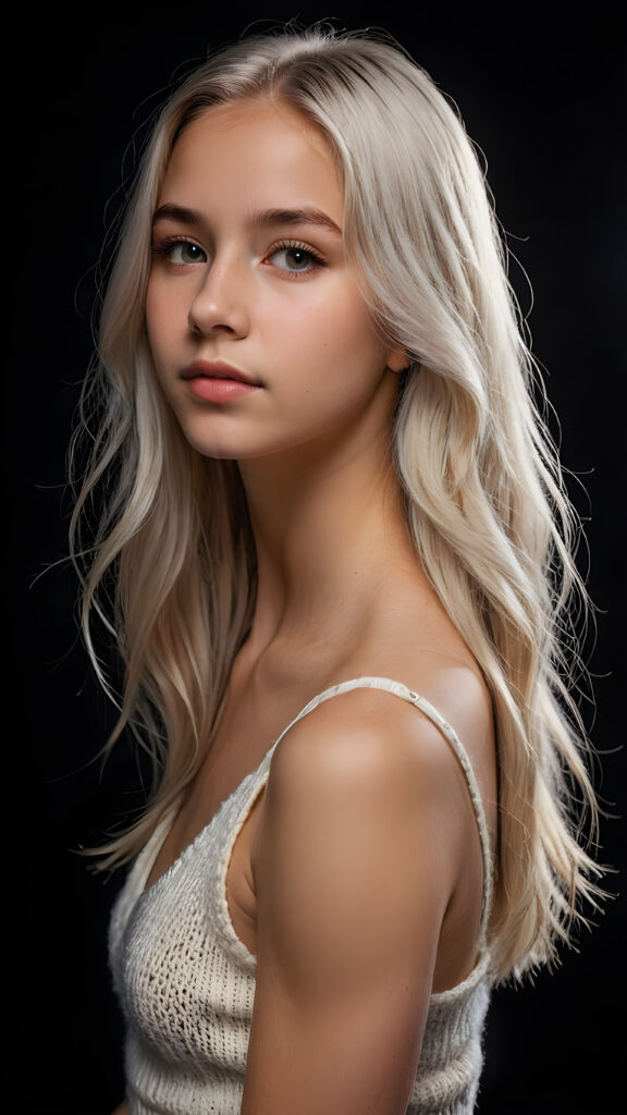 realistic and detailed portrait of a young, pretty 14 years old teen girl with long straight jet white soft hair, black background, weak light illuminates the girl a little, side view, wears a thin cropped white tank top made of wool, perfect body