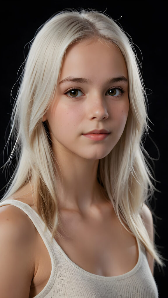 realistic and detailed portrait of a young, pretty 14 years old teen girl with long straight jet white hair, black background, weak light illuminates the girl a little, side view, wears a thin cropped white tank top made of wool, perfect body