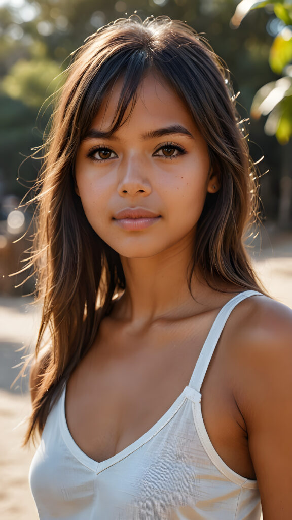 realistic and detailed photo from a pretty petite tanned indigenous girl, with soft straight very long hair, bangs cut, brown eyes, full kissable lips, wearing a tank top with a deep v-neck