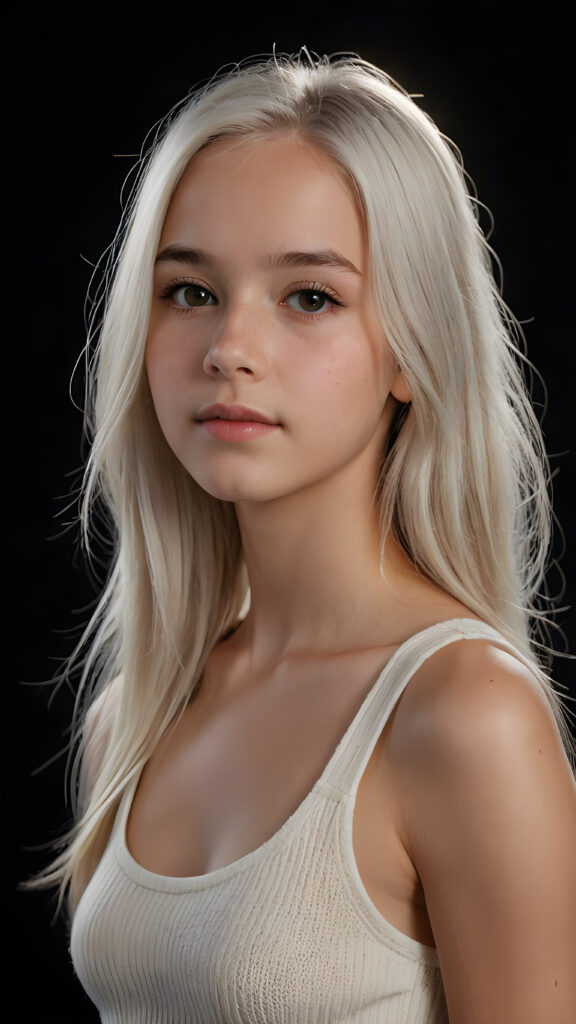 realistic and detailed portrait of a young, pretty 14 years old teen girl with long straight jet white hair, black background, weak light illuminates the girl a little, side view, wears a thin cropped white tank top made of wool, perfect body