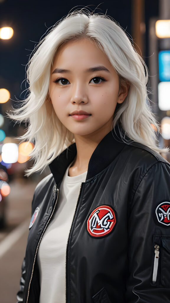 realistic and detailed portrait of a young, pretty Asian teen girl with white hair, she wears a black flight jacket