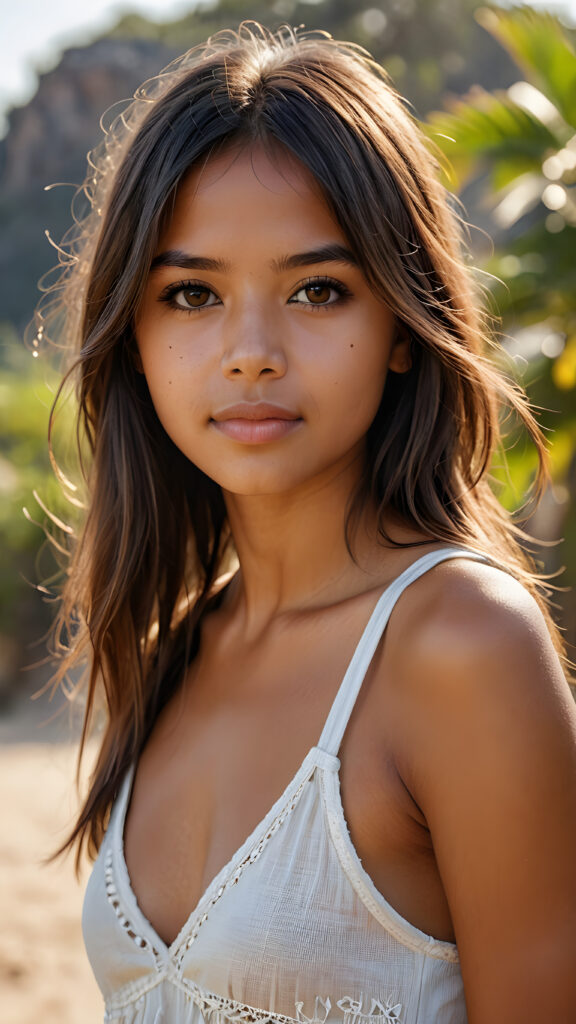 realistic and detailed photo from a pretty petite tanned indigenous girl, with soft straight very long hair, bangs cut, brown eyes, full kissable lips, wearing a tank top with a deep v-neck