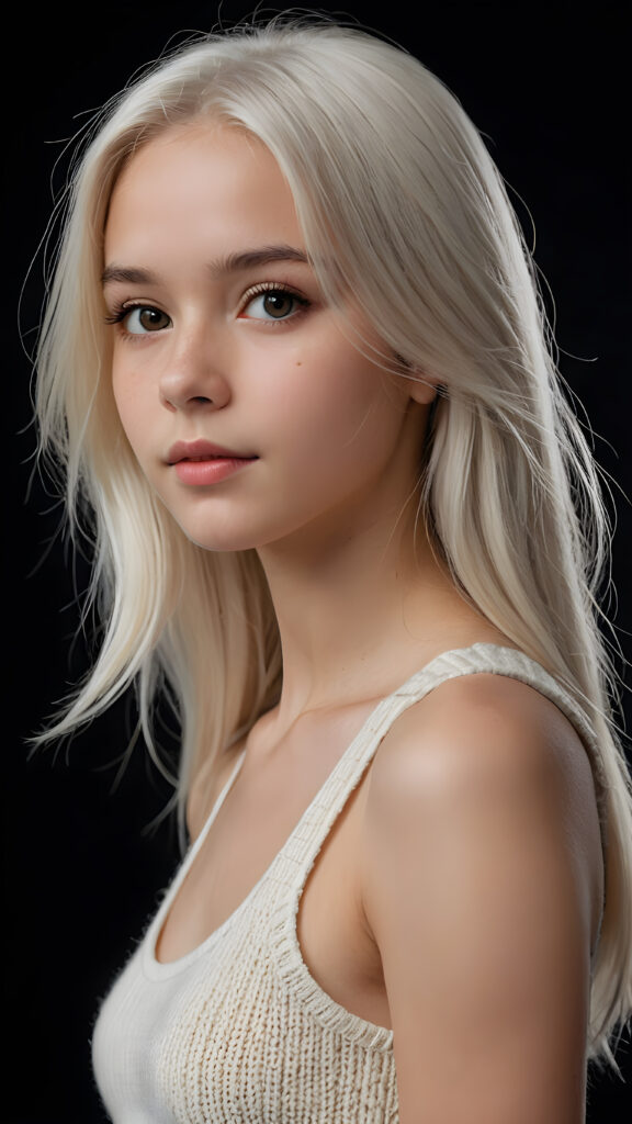 realistic and detailed portrait of a young, pretty 14 years old teen girl with long straight jet white hair, black background, weak light illuminates the girl a little, side view, wears a thin cropped white tank top made of wool, perfect body