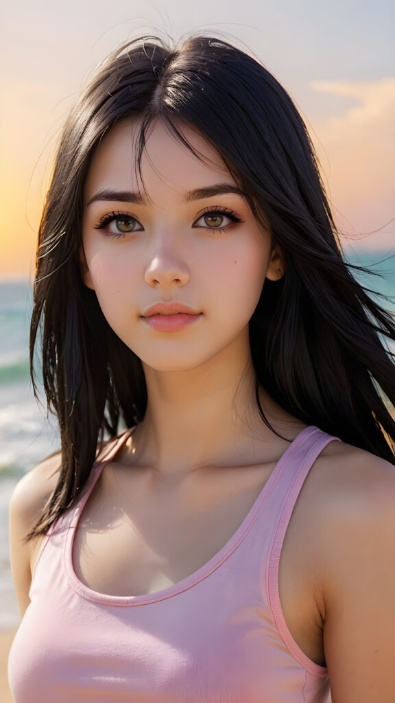 realistic and detailed portrait from a (((cute teen emo girl with long, soft black straight hair framing her face in gentle waves)) and amber eyes, full lips, ((wears a short form-fitting pink t-shirt)), against a (((sunny backdrop)))))