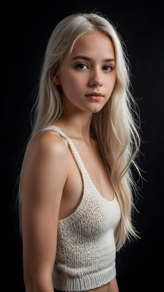 realistic and detailed portrait of a young, pretty 14 years old teen girl with long straight jet white soft hair, black background, weak light illuminates the girl a little, side view, wears a thin cropped white tank top made of wool, perfect body