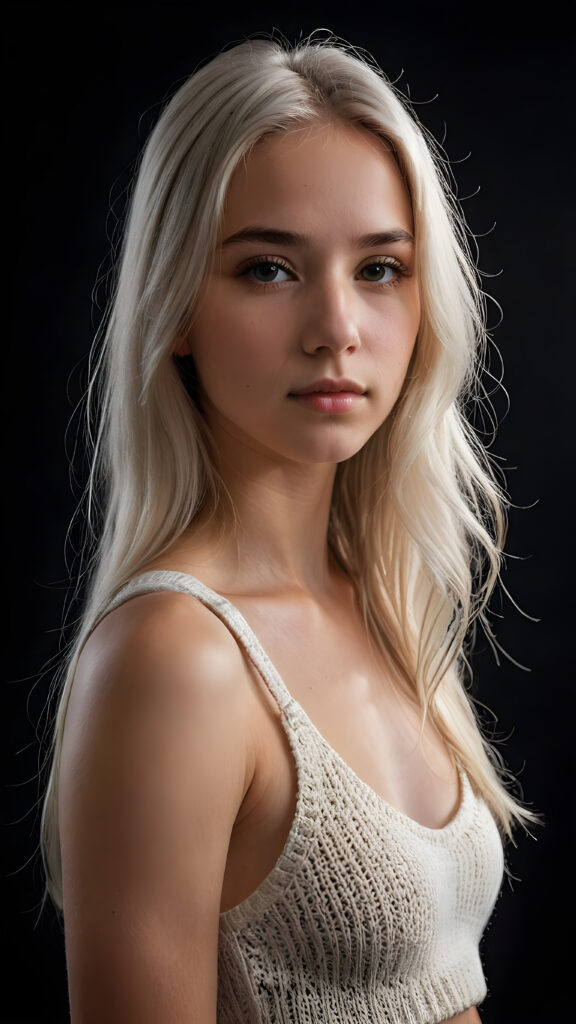 realistic and detailed portrait of a young, pretty 14 years old teen girl with long straight jet white soft hair, black background, weak light illuminates the girl a little, side view, wears a thin cropped white tank top made of wool, perfect body