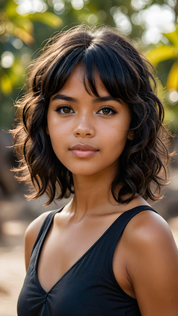 realistic and detailed photo from a pretty petite tanned well busty young indigenous girl, with ((soft smooth, shiny fine, curly obsidian black hair)), bangs cut, brown eyes, full kissable lips, wearing a tank top with a deep v-neck