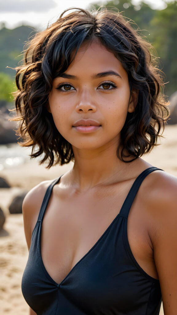 realistic and detailed photo from a pretty petite tanned well busty young indigenous girl, with ((soft smooth, shiny fine, curly obsidian black hair)), bangs cut, brown eyes, full kissable lips, wearing a tank top with a deep v-neck