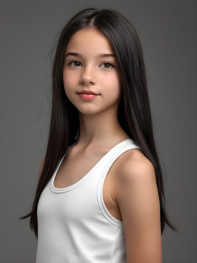 realistic and detailed portrait: a (((super cute teen girl, 13 years old, captured in upper body view))), ((flawless beautiful soft skin)), (((black soft sleek straight long hair))), angelic round face with full lips, emoting joy, framed in a side profile portrait shot against a (((grey backdrop))), with perfect anatomics and curved body, wears a (((super short thin white crop tank top))), ((side view))