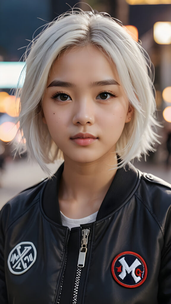 realistic and detailed portrait of a young, pretty Asian teen girl with white hair, she wears a black flight jacket