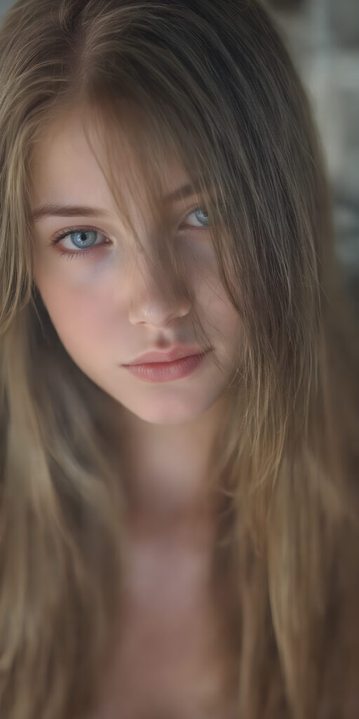 (realistic and detailed photo), (full body shot) a young, gentle adult busty teen girl with very long, soft straight brown hair, her full hair falls over the upper body and cover her body, round face. She has blue eyes and gentle features. Her young, perfect body radiates pure femininity and she looks seductively into the camera