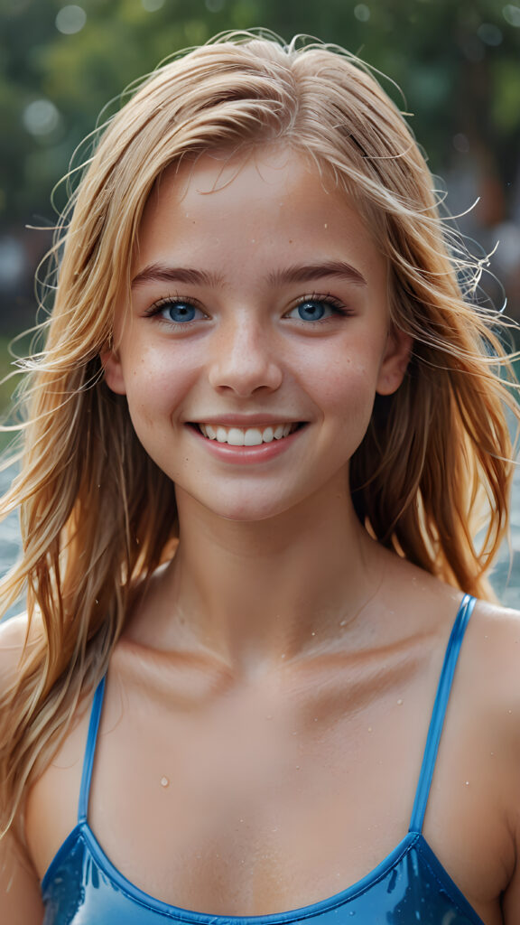 ((realistic, detailed)) ((stunning)) portrait, a young teen girl, 16 years old, perfect curved body, smile, straight gold hair, blue eyes, detailed face, wet hair, wet skin, wet body