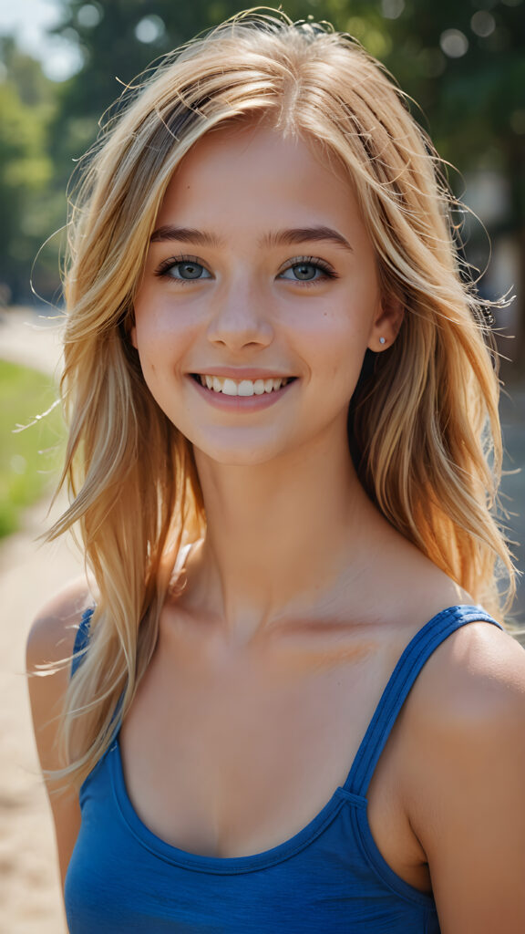 ((realistic, detailed)) ((stunning)) portrait, a young teen girl, 16 years old, perfect curved body, smile, straight gold hair, blue eyes, detailed face, wears a blue short tank top