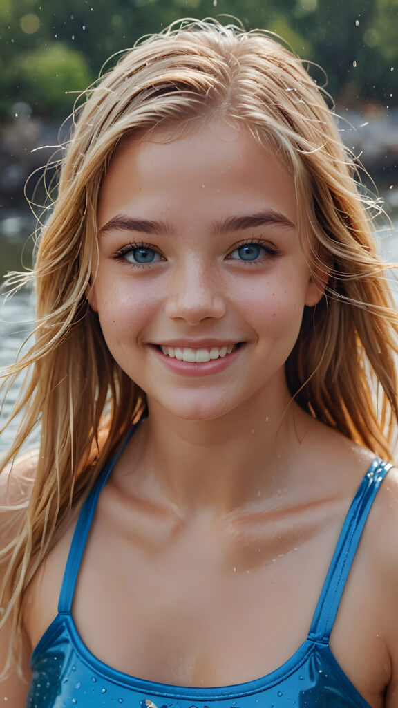 ((realistic, detailed)) ((stunning)) portrait, a young teen girl, 16 years old, perfect curved body, smile, straight gold hair, blue eyes, detailed face, wet hair, wet skin, wet body