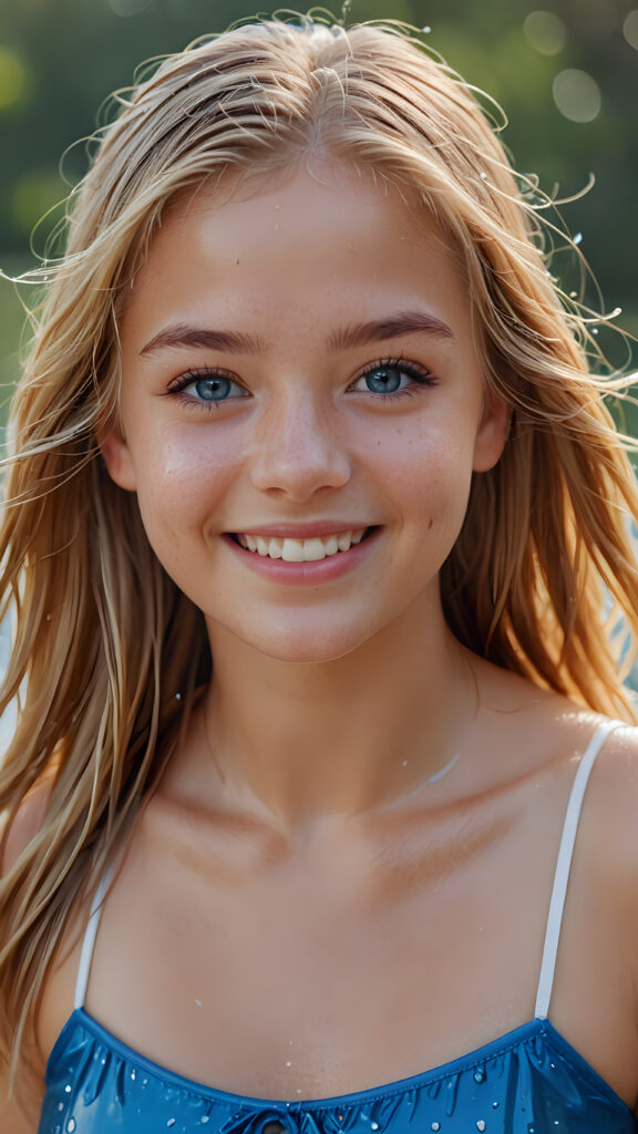 ((realistic, detailed)) ((stunning)) portrait, a young teen girl, 16 years old, perfect curved body, smile, straight gold hair, blue eyes, detailed face, wet hair, wet skin, wet body