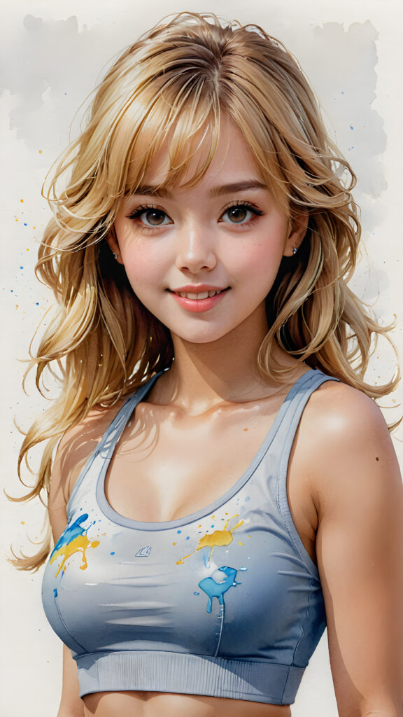 realistic, extreme highly detailed, HD portrait, ((upper body)), ((gorgeous)) ((attractive)) ((stunning)) ((young)) detailed face, perfect curved body, a cute teen girl, long blonde straight hair, Korean styled bangs, (((low-cut) fitness crop top)), looks at the camera, portrait shot, smile very happy