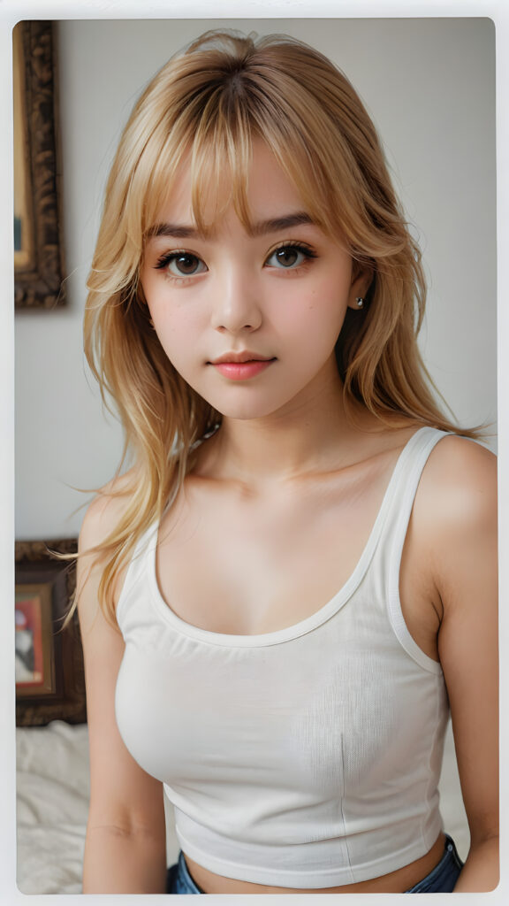 realistic, extreme highly detailed, HD portrait, ((upper body)), ((gorgeous)) ((attractive)) ((stunning)) ((young)) detailed face, perfect curved body, a cute teen girl, long blonde straight hair, Korean styled bangs, wear only a white short tight tank top, looks at the camera, portrait shot