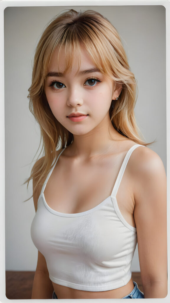 realistic, extreme highly detailed, HD portrait, ((upper body)), ((gorgeous)) ((attractive)) ((stunning)) ((young)) detailed face, perfect curved body, a cute teen girl, long blonde straight hair, Korean styled bangs, wear only a white short tight tank top, looks at the camera, portrait shot