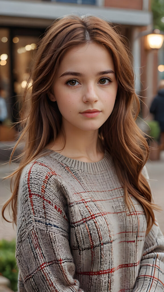 ((realistic photo)) a young very sad girl stands in front of the viewer and asks him to love her, she has long straight auburn hair, brown eyes, round face, wears a checked wool sweater