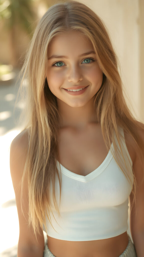 realistic, super high quality full body portrait, beautifully proportioned 14 year old girl, with luxurious long straight blond hair, round cheeks, and bright green eyes. She's wearing a (hyper short tight white crop tank top, deep v-neck, sun-kissed skin, and perfectly complements her full figure. The sun-kissed rays of light shining on her give her an ethereal glow, highlighting her youthful features. Her smile is both friendly and sophisticated, perfectly framed by her youthful face, which perfectly complements her toned figure. The overall atmosphere is (extremely sunny and warm), like a fantasy come to life, with a high level of detail that captures every nuance of her youthful features, from the softest, most luxurious auburn hair to the smallest details of her face, beautifully proportioned and perfectly framed