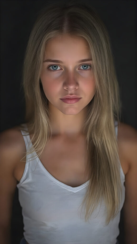 realistic, super high quality upper body portrait, beautifully proportioned 16 year old girl, with luxurious long straight blond super soft hair, round cheeks, and bright green eyes. She’s wearing a (short tight white crop tank top, deep v-neck, silver skin, and perfectly complements her full figure), against a dark backdrop